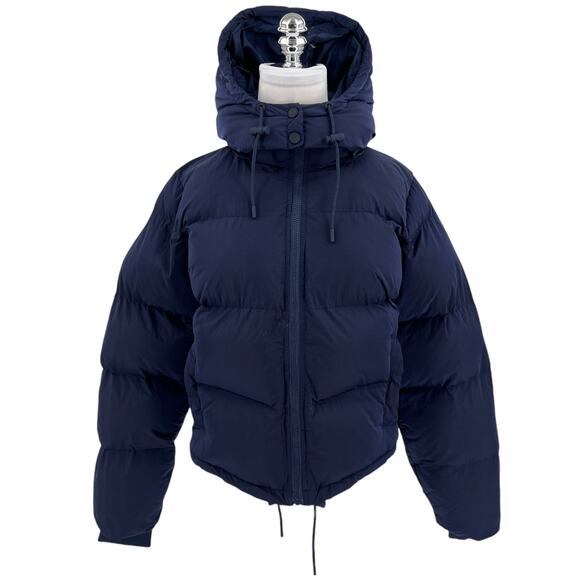 Good American Womens Iridescent Quilted Hooded Puffer Jacket in Blue Size Medium - Picture 2 of 16